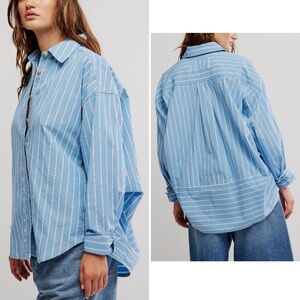 FREE PEOPLE We The Free Striped Varsity Vibes Shirt / Blue Combo